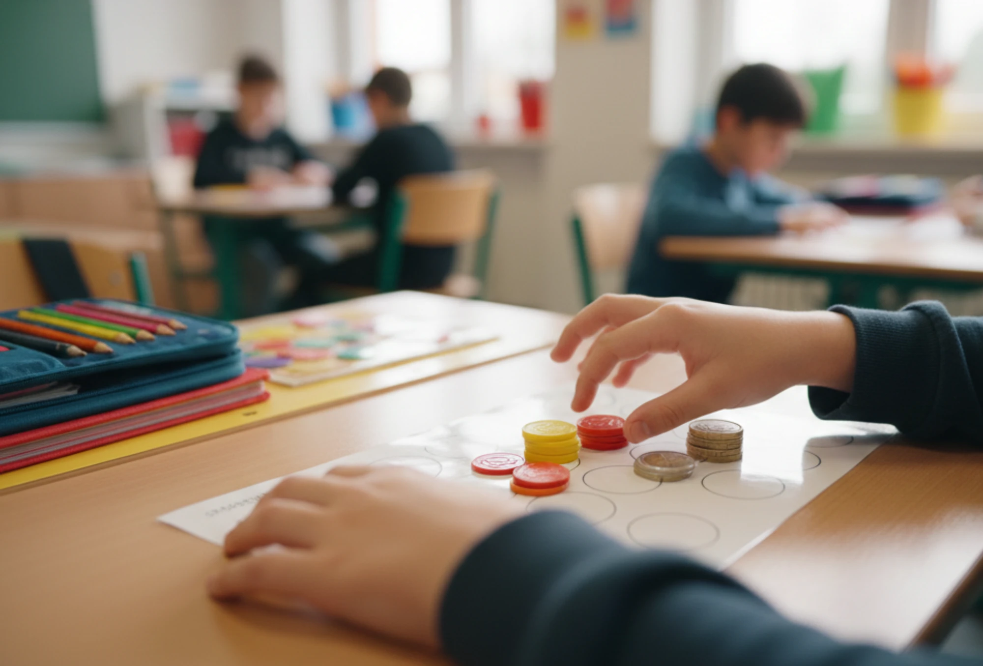 Kinderhand sortiert Spielgeld